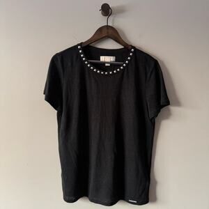 MICHAEL KORS LINEN BURNOUT STYLE T-SHIRT WITH SILVER PYRAMID STUDS SIZE MED